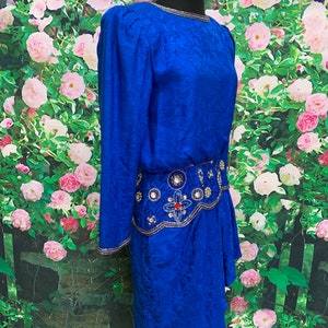 80s I. Magnin Blue Silk Formal Dress Beaded Sequins image 6
