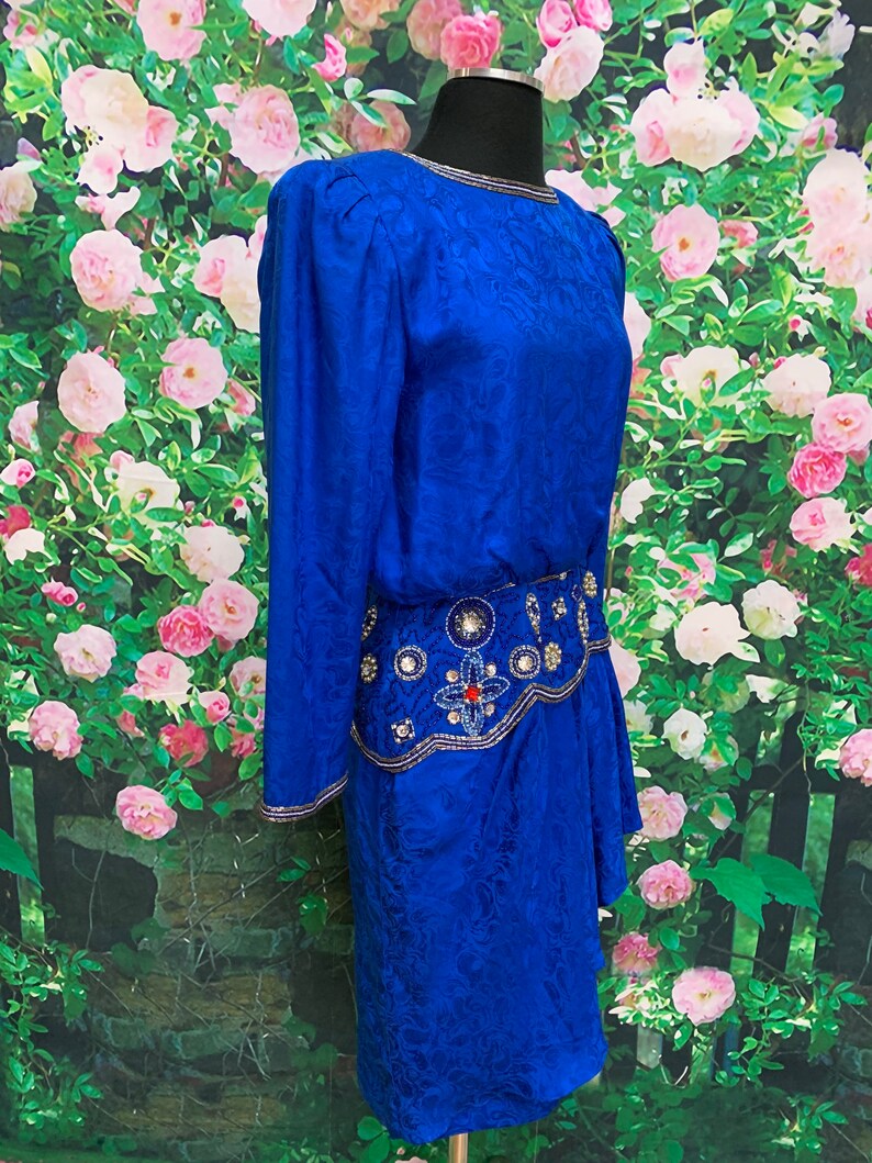 80s I. Magnin Blue Silk Formal Dress Beaded Sequins image 6