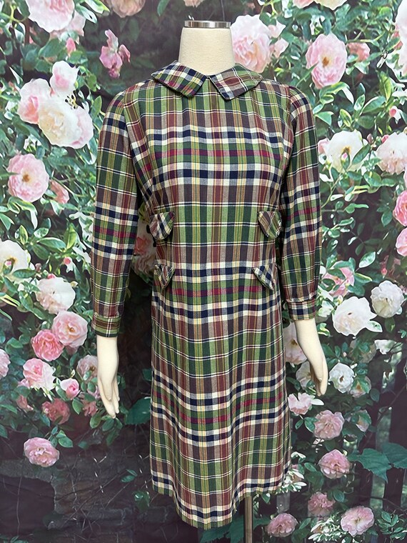 60s Green Plaid Dress Front Pockets Schoolgirl - image 2