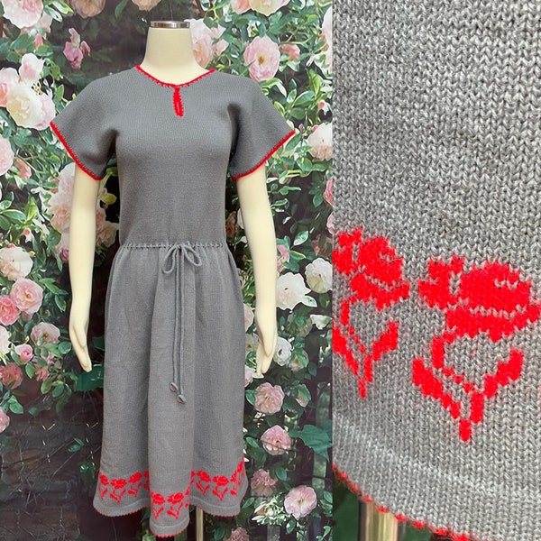 60s Gray Knit Sweater Dress Red Crochet Drawstring Waist