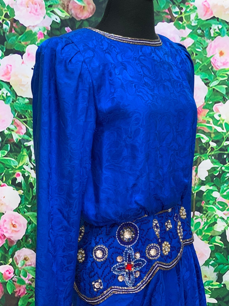 80s I. Magnin Blue Silk Formal Dress Beaded Sequins image 5