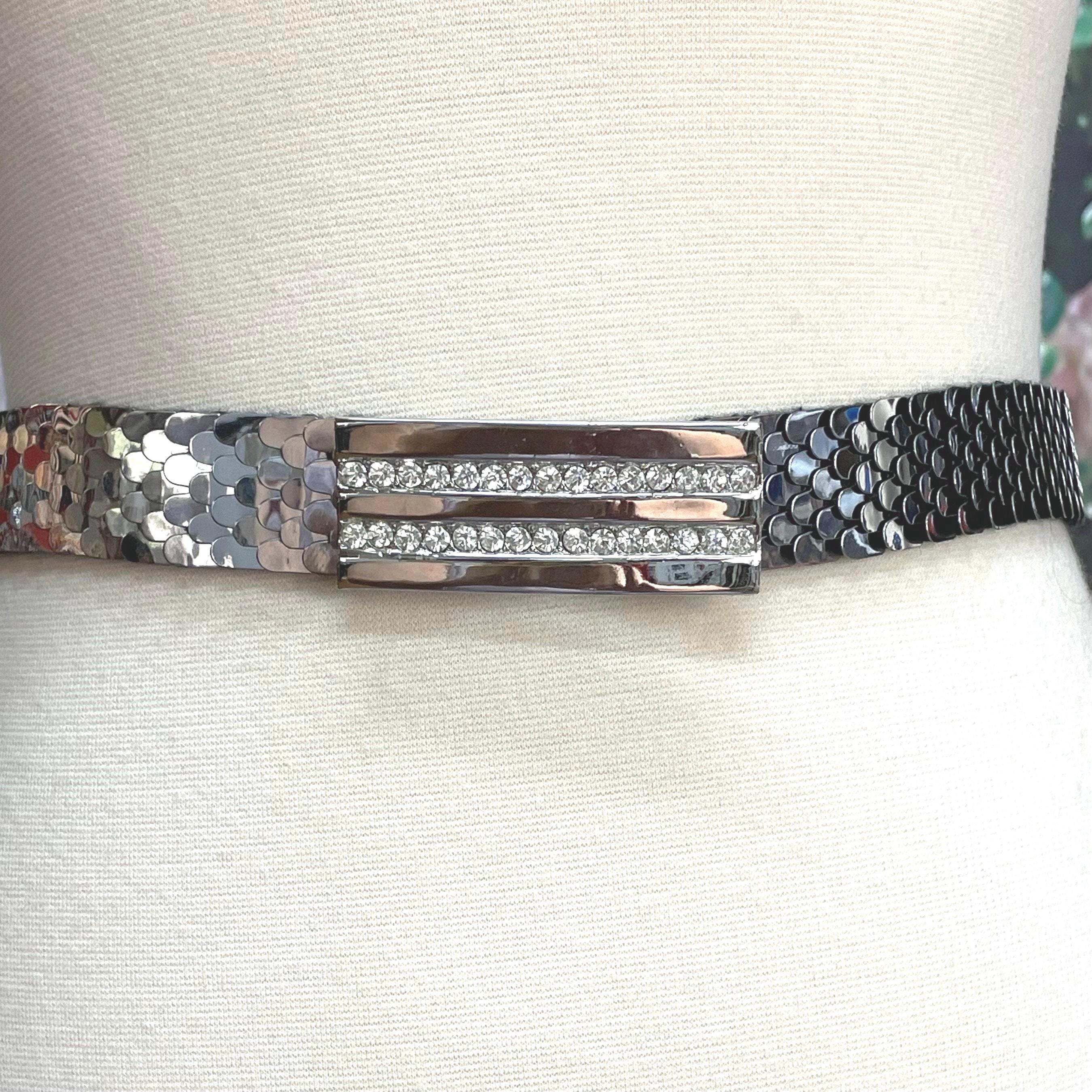 80s Rhinestone Silver Metal Fish Scale Stretch Belt 