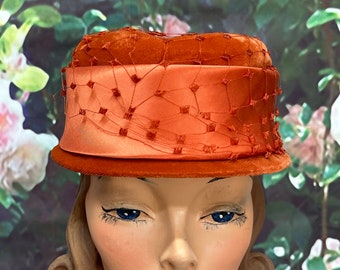 60s Orange Velvet Hat Netted Satin Ribbon