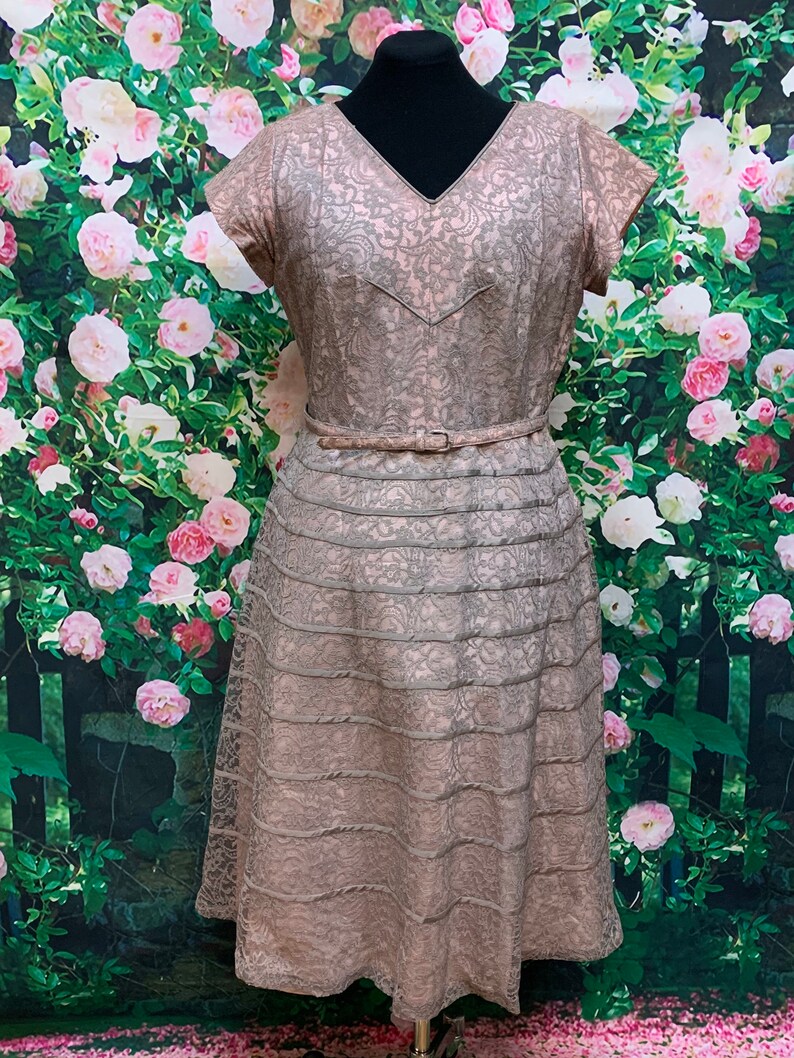 50s Gray Lace Pink Taffeta Dress Plus Size Volup
