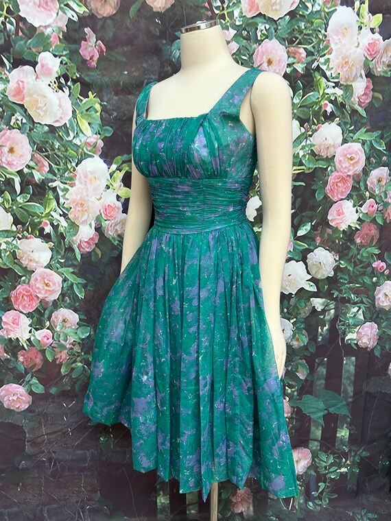 50s Joan Barrie Teal Green Chiffon Party Dress - image 7