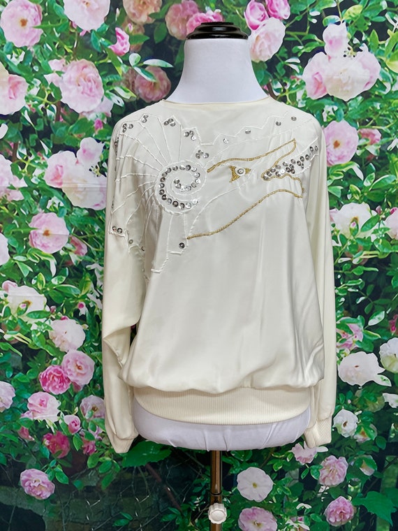 80s Campus Casuals Cream Sequin Blouson Blouse Po… - image 2