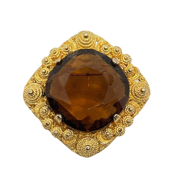 80s West Citrine Rhinestone Cannetille Brooch Gold