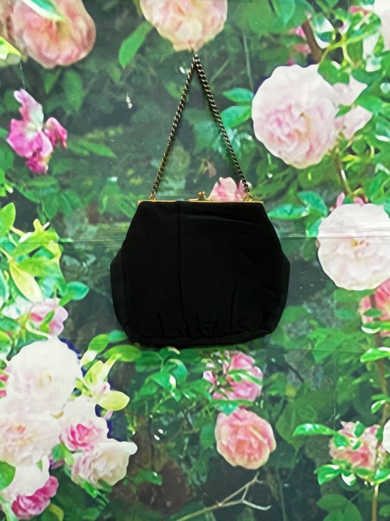 60s Black Faille Fabric Purse Kisslock Matching C… - image 3