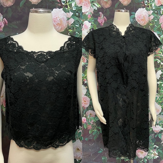 60s Henson Kickernick Black Lace Chiffon Peignoir… - image 1