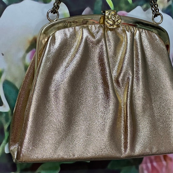 60s Gold Leather Evening Purse Rose Clasp - image 3