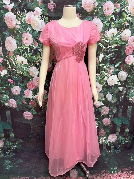 60s Emma Domb Pink Chiffon Maxi Dress Sequin Appl… - image 2