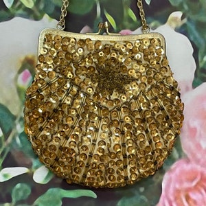 60年代のサフラムゴールドスパンコールイブニングバッグ（ビーズフラワー）