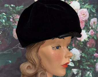 60s Black Velvet Cloche Hat Leather Bow band Wm H Block