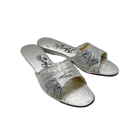 60s Silver Lame Floral Slippers Mules Size 5 - image 1