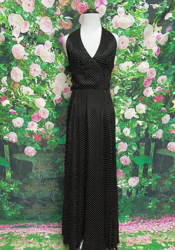 70s Black Polka Dot Halter Maxi Dress - image 3