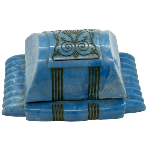 30s Blue Celluloid Ring Box Art Deco Casket - image 4