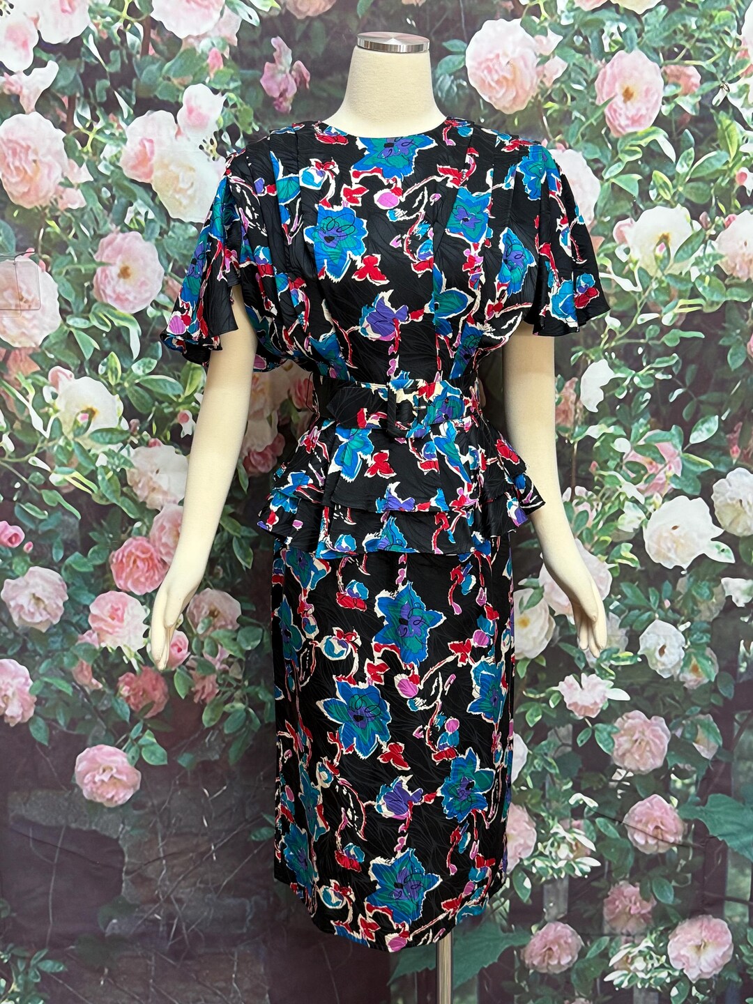 80s Argenti Black Silk Floral Peplum Dress - Etsy