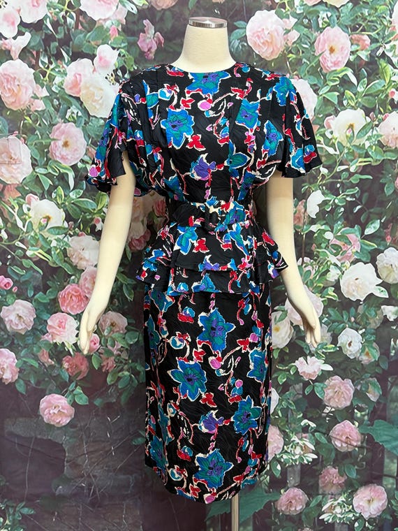 80s Argenti Black Silk Floral Peplum Dress