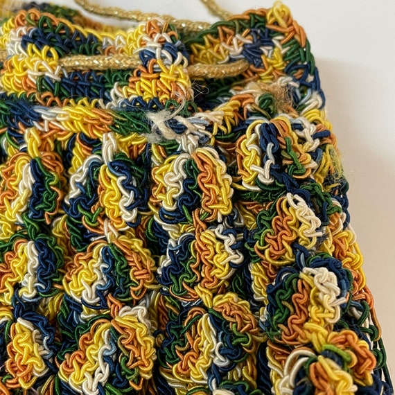 60s Green Yellow Woven Cord Drawstring Purse Knit… - image 5