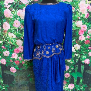 80s I. Magnin Blue Silk Formal Dress Beaded Sequins image 2