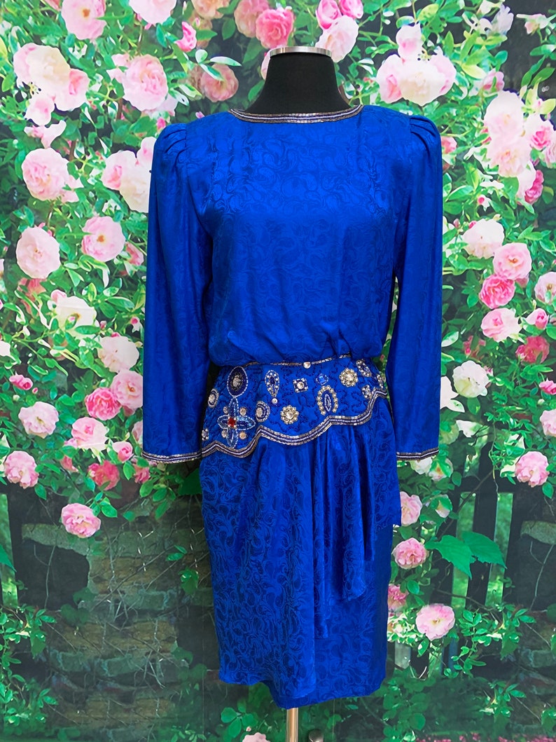 80s I. Magnin Blue Silk Formal Dress Beaded Sequins image 2