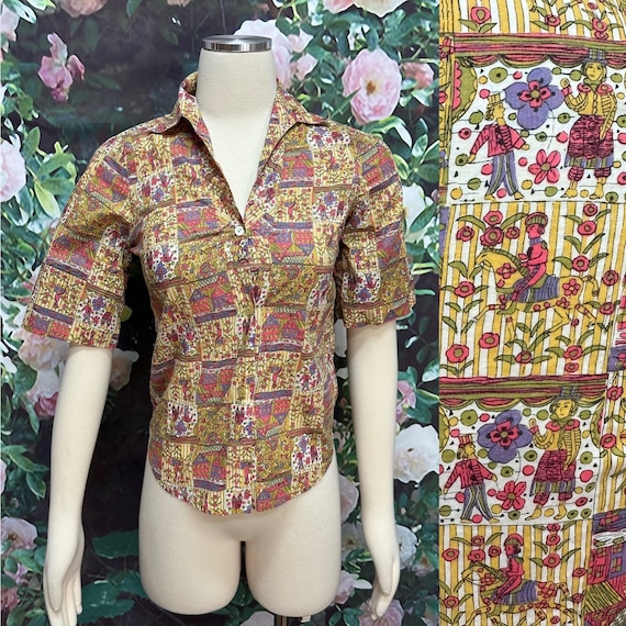 70s Folk Art Figural Novelty Blouse XS - image 1