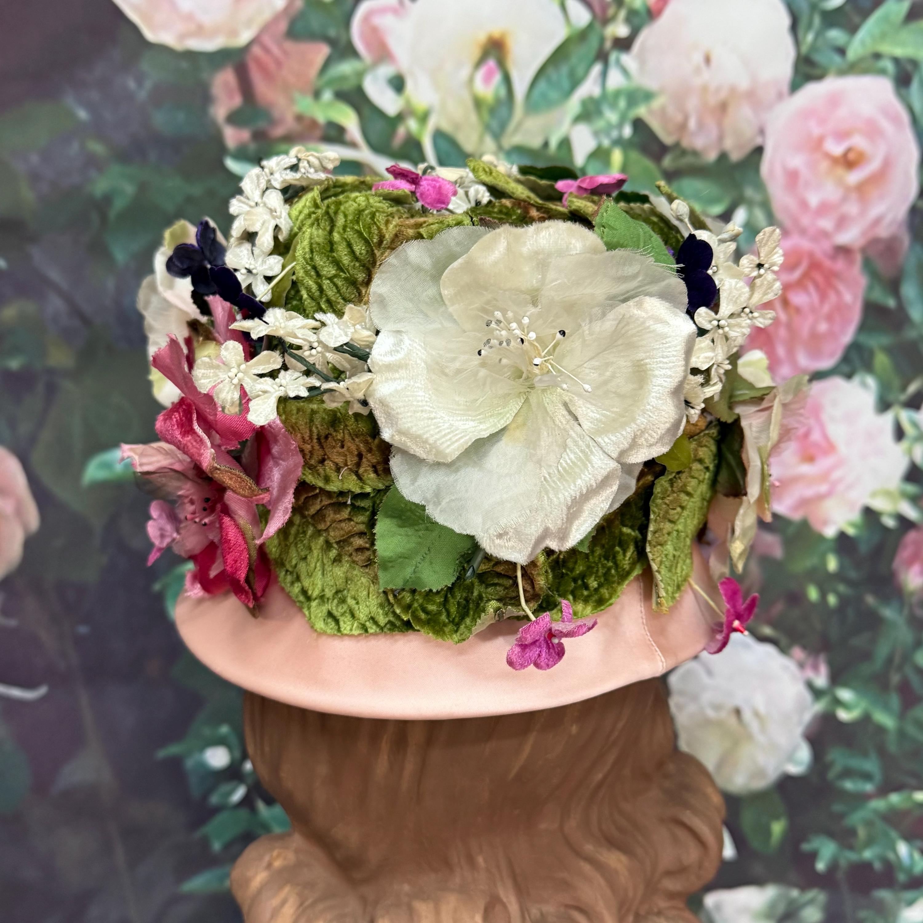 60s Marche Pink Satin Floral Hat Velvet Flowers Bucket Hat  display picture 2