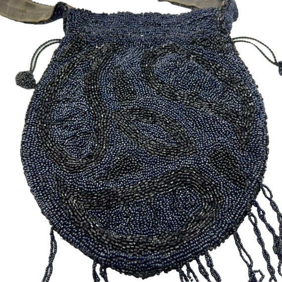 20s Art Deco Blue Micro Bead Drawstring Handbag F… - image 2