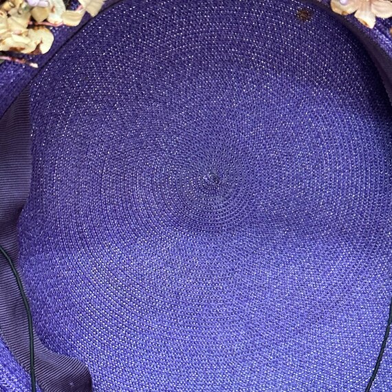 50s Purple Woven Straw Hat Peach Silk Cluster Flo… - image 7