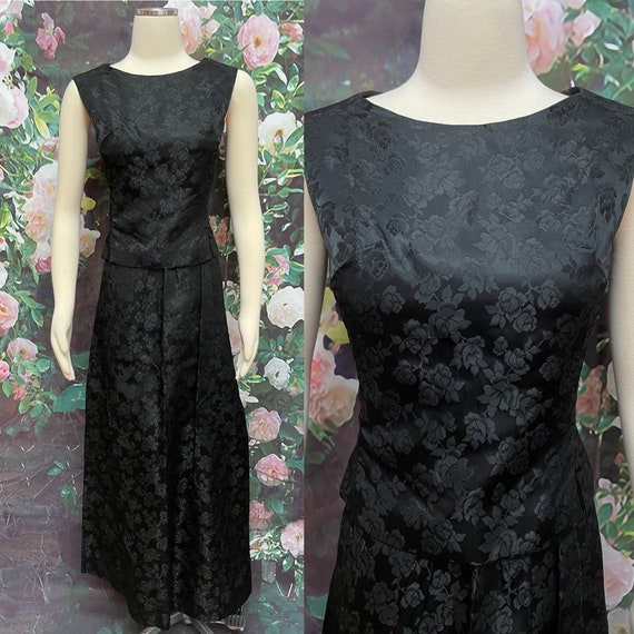 60s Black Satin Brocade Formal Maxi Skirt Shell T… - image 1