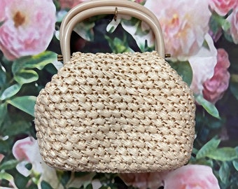 60s Beige Raffia Handbag Double Handle Japan NOS