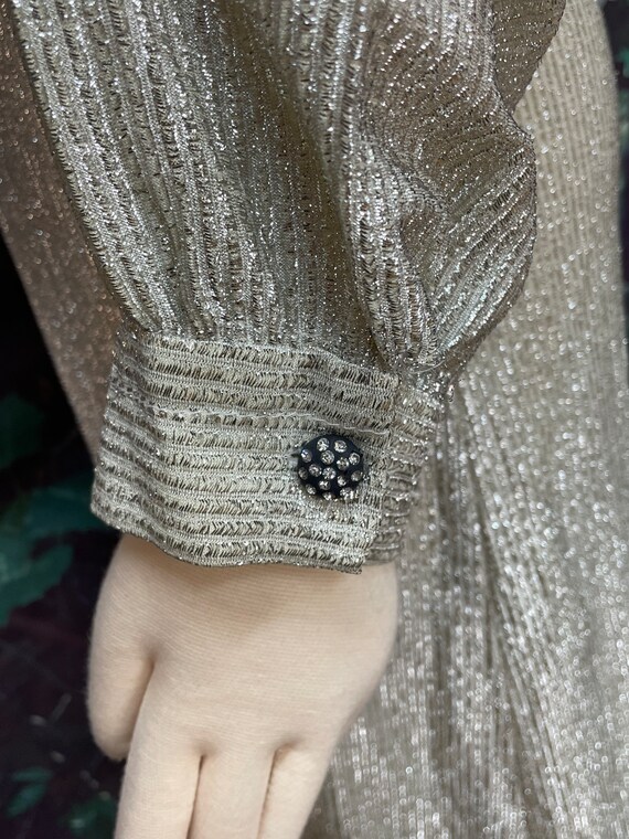 60s Silver Lurex Caftan Dress Rhinestone Buttons - image 6
