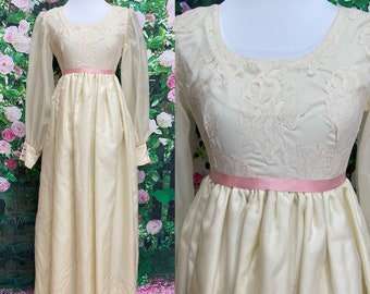 70s Boho Cream Lace Sparkle Organza Maxi Dress XS Bridgerton