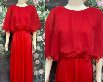 70s Sylvia Ann Red Maxi Dress Chiffon Lettuce Edge Cape