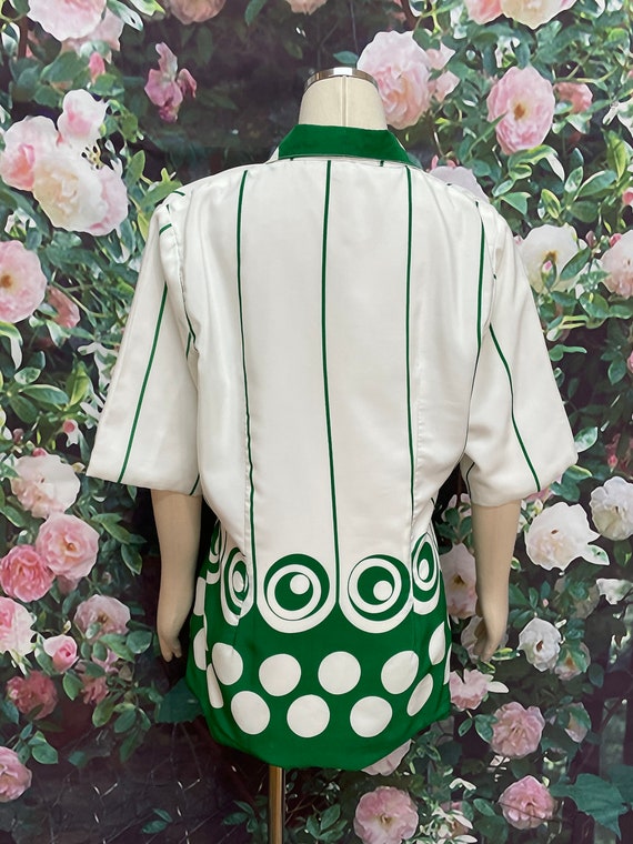 80s Green Swirl Blouse Polka Dot Homemade Shirt XL - image 8