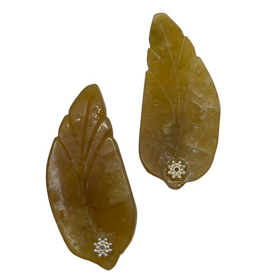 60s Golden Natural Carved Stone Leaf Cufflinks - image 2