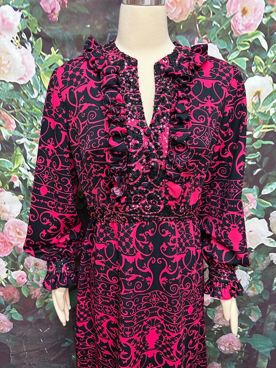 70s Black Pink Sequin Maxi Dress Ruffles Large - image 3