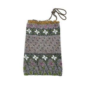 Victorian Lilac Seed Bead Floral Drawstring Purse Bone Rings