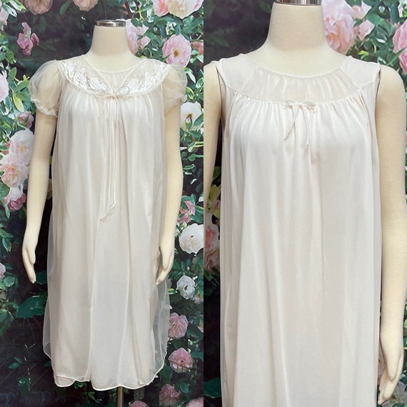 60s White Chiffon Negligee Peignoir Set Bridal Nightg… - Gem