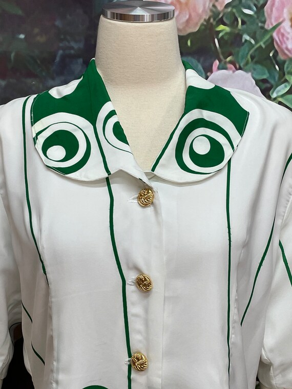80s Green Swirl Blouse Polka Dot Homemade Shirt XL - image 3