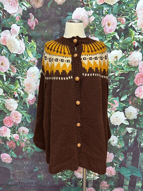 70s Brown Acrylic Knit Cape Poncho Homemade - image 9
