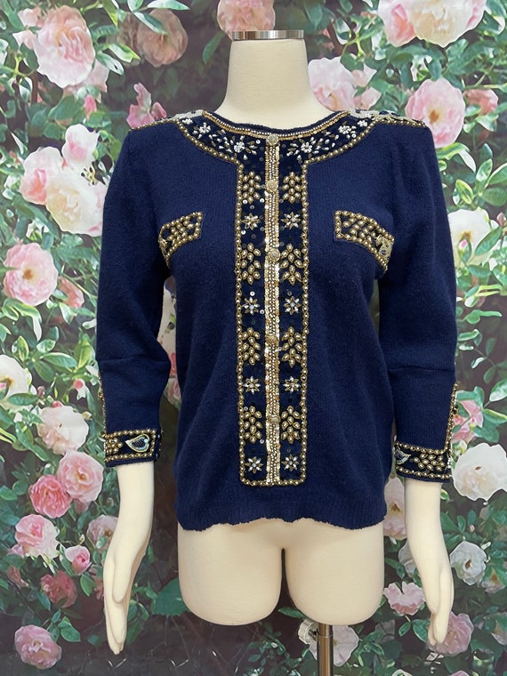 80s Blue Angora Wool Sweater Sequins Embellished … - image 2