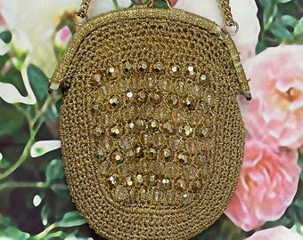 60s Gold Crochet Purse Faceted Bead Made in Italy