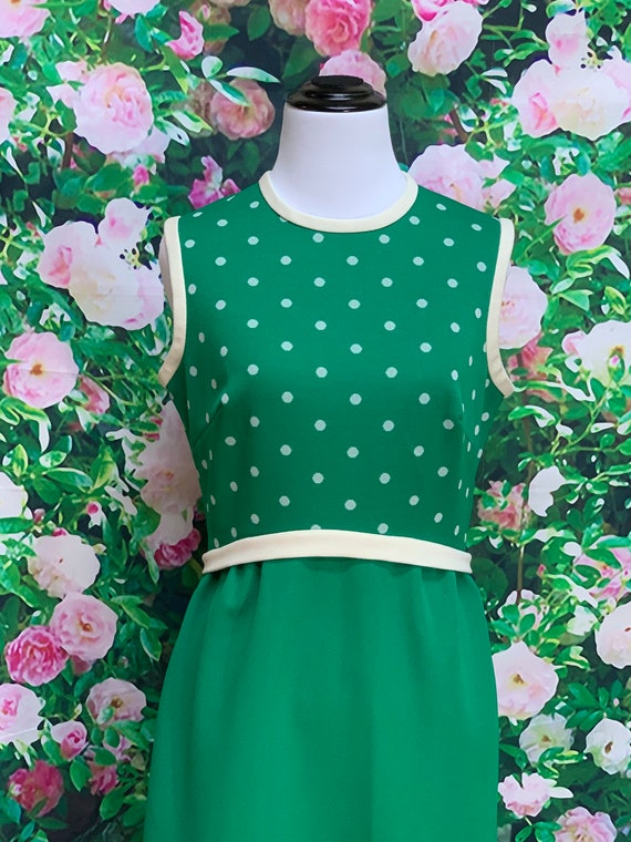 60s Kelly Green Polka Dot Maxi Dress Polyester Kn… - image 3
