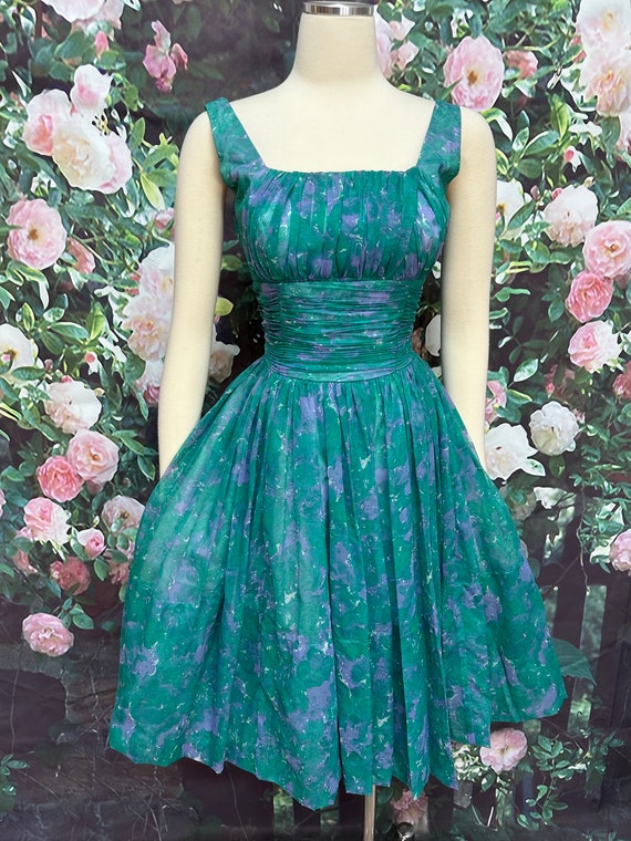 50s Joan Barrie Teal Green Chiffon Party Dress - image 2