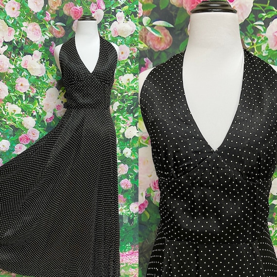 70s Black Polka Dot Halter Maxi Dress - image 1