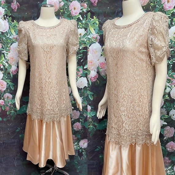 80s Pantagis Peach Lace Satin Formal Dress - image 1