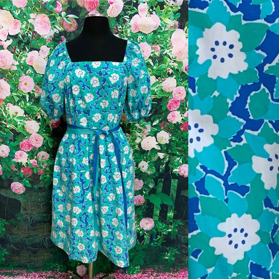 70s The Vested Gentress Teal Floral Dress Hand Scr