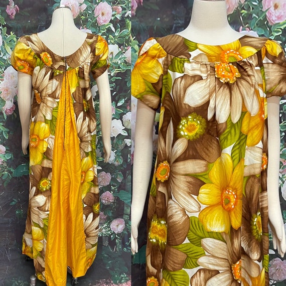 70s Alice Polynesian Yellow Tropical Flower Maxi … - image 1