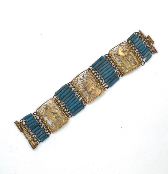 20s Egyptian Revival Panel Bracelet Blue Faience F